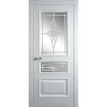 Межкомнатная дверь Мебель-Массив Гранада Эмаль белая патина полотно с остеклением витраж пескоструй