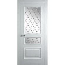 Межкомнатная дверь Мебель-Массив Гранада Эмаль белая на дубе без патины полотно с остеклением витраж с гравировкой