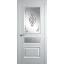 Межкомнатная дверь Мебель-Массив Гранада Эмаль белая патина полотно с остеклением витраж заливной