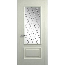 Межкомнатная дверь Мебель-Массив Гранада 2 Эмаль RAL 1013 без патины полотно с остеклением витраж с гравировкой