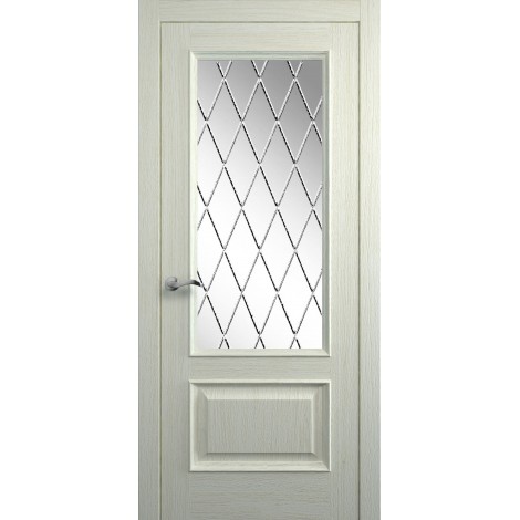 Межкомнатная дверь Мебель-Массив Гранада 2 Эмаль RAL 1013 без патины полотно с остеклением витраж с гравировкой