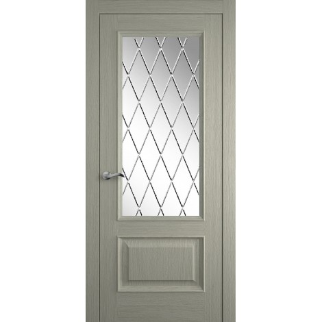 Межкомнатная дверь Мебель-Массив Гранада 2 Эмаль RAL 7044 без патины полотно с остеклением витраж с гравировкой
