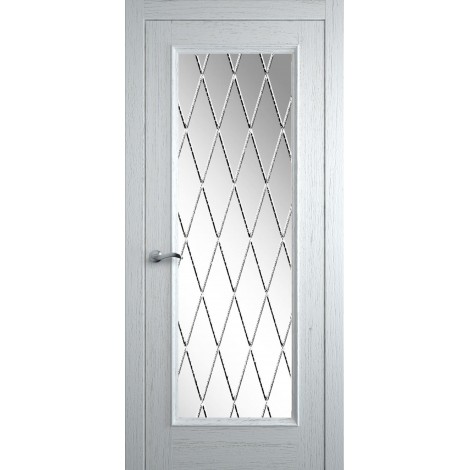Межкомнатная дверь Мебель-Массив Гранада 3 Эмаль белая на дубе без патины полотно с остеклением витраж с гравировкой