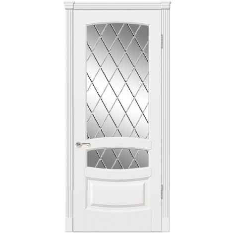 Межкомнатная дверь Мебель-Массив Валенсия Эмаль белая патина полотно с остеклением витраж